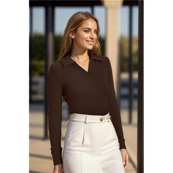 ✨ Ribbed Knit Collared Polo Top | Long Sleeve Slim Fit Sweater - Picture 3 of 4